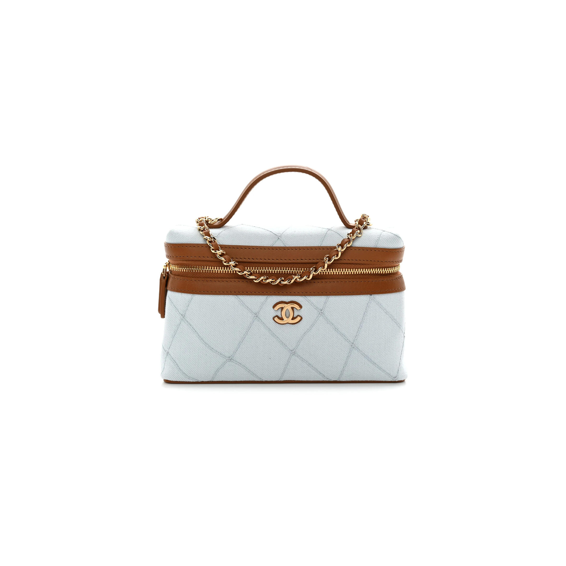 CHANEL MASTER WASHED DENIM CALFSKIN QUILTED TOP HANDLE SLIM VANITY CASE WITH CHAIN BLUE BROWN AP5164 (19.5*17*5cm)